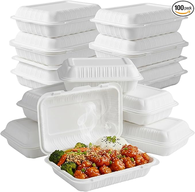 Compostable 9x6 Clamshell Take Out Food Containers [100-Pack] - Biodegradable Sugarcane To Go Boxes - Paper Food Container - Microwave & Freezer Safe, Stackable - White