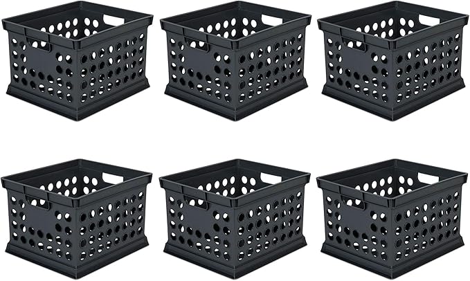 Sterilite Stackable Plastic Storage Crate Bin Organizer File Box with Handles for Home, Office, Dorm, Garage, or Utility Organization, Black, 6-Pack
