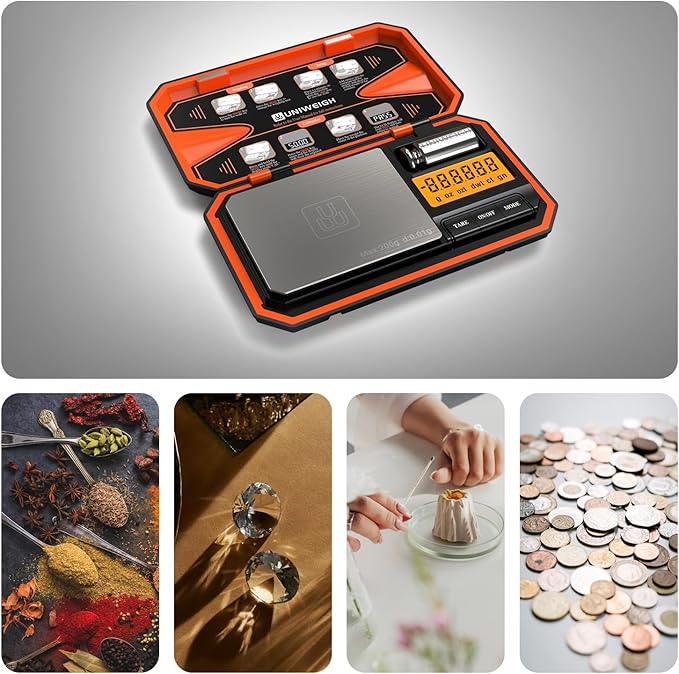 UNIWEIGH Digital Pocket Scale 200g/0.01g, Digital Scale Grams,6 Units Conversion Jewelry Scales,Coins Scale with LCD Display,Tare Function for Food,Powder,Small Items(Battery Included)-Orange