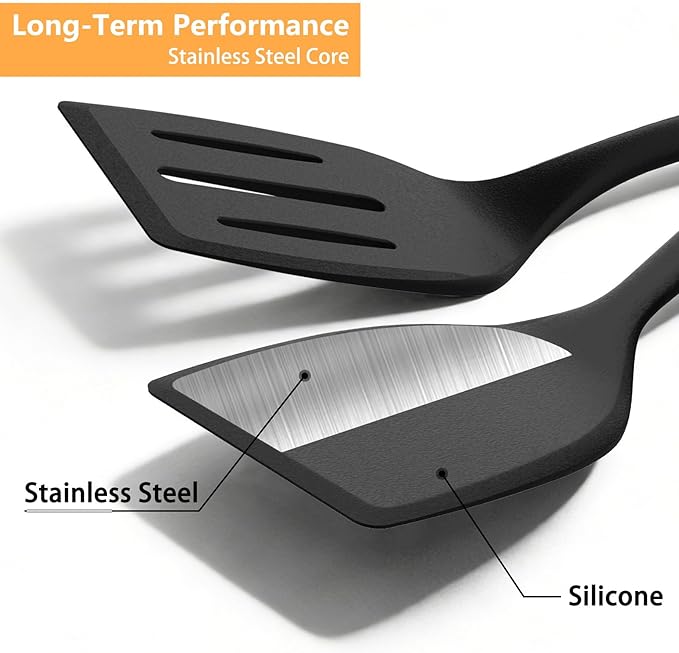Silicone Spatula Turner Set, 600°F High Heat Resistant Spatulas for Cooking, BPA Free, Large Flexible Kitchen Utensils Flipping Eggs, Pancakes, Fish, Burgers, Dishwasher Safe (4 Pack, Black)
