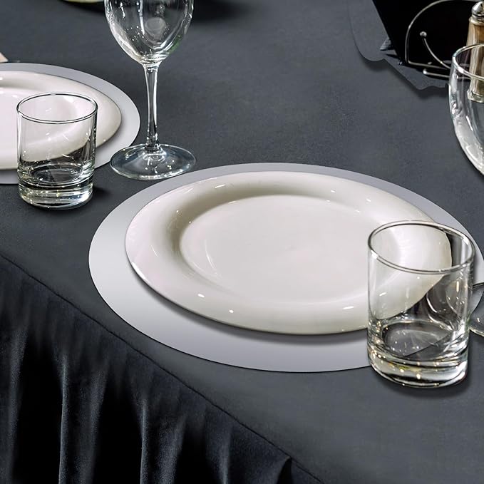 Tioncy 50 Pcs Silver Round Paper Placemats Decorative Disposable Placemats Table Mats for Dining Wedding Table Decoration Home Banquet New Years Festive Party Birthday Holiday
