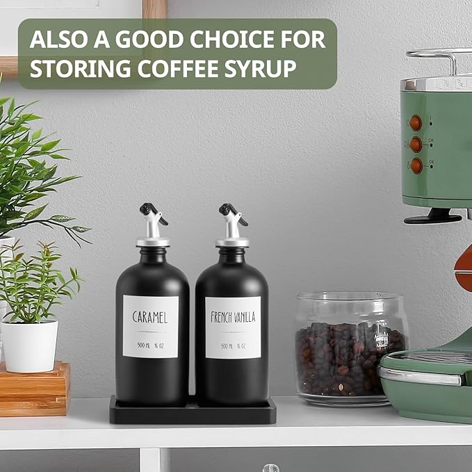 Olive Oil Dispenser Bottle for Kitchen, 16oz Glass Oil and Vinegar Cruet Set with Wood Tray & 54 Labels - Coffee Syrup Dispenser - Black Kitchen Decor and Accessories - Set of 2