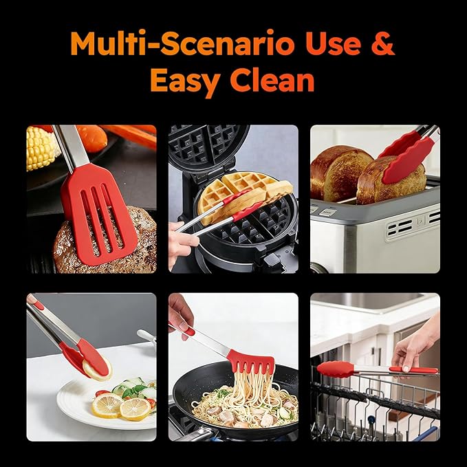 HST Tongs for Cooking with Silicone Tips(3 Pack), Non Stick Kitchen Tongs with Silicone Tip for Cooking BBQ Baking (12", Red)