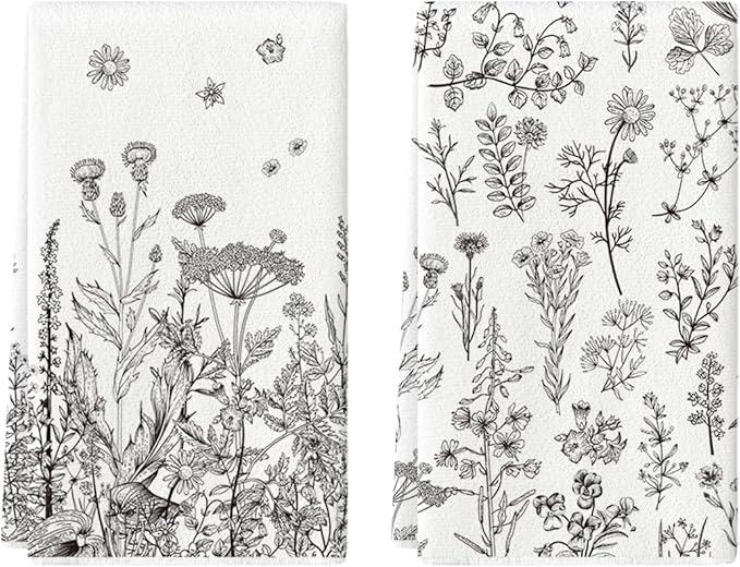 Artoid Mode Antique Herbs Wild Flowers Leaves Spring Kitchen Towels Dish Towels, 18x26 Inch Seasonal Decoration Hand Towels Set of 2