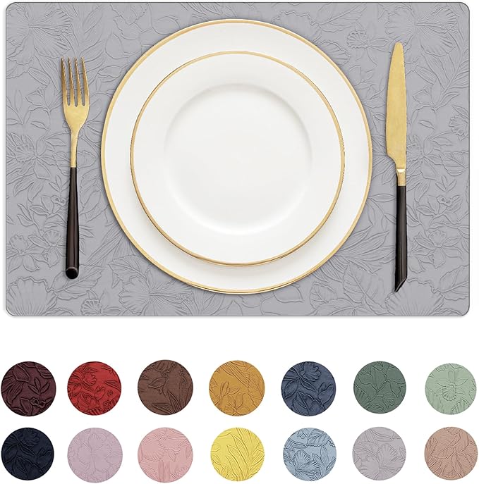 Romanstile Vinyl Placemats Set of 8-12 X 17 Inch - Heat Resistant Non-Slip Embossed Floral Place Mats 100% Waterproof Oilproof Wipeable Faux Leather Table Mats for Kitchen/Dining/Party, Grey