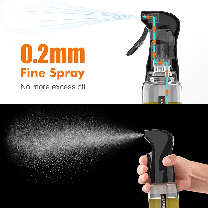 GRIFEMA Oil Spray Bottle for Cooking, 200 ml Glass Olive Oil Mister – Fine Mist Dispenser for Air Fryer, Salad, Baking, BBQ, Vinegar, Black, GE2003B