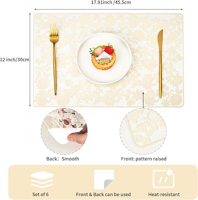 Clear Placemats Set of 6 Rectangle - PVC Place Mats with Beige Flower Carft Table Protector for Kitchen Dining Room, Wahsable Heat Resistant Non-Slip Reversible Table Mats