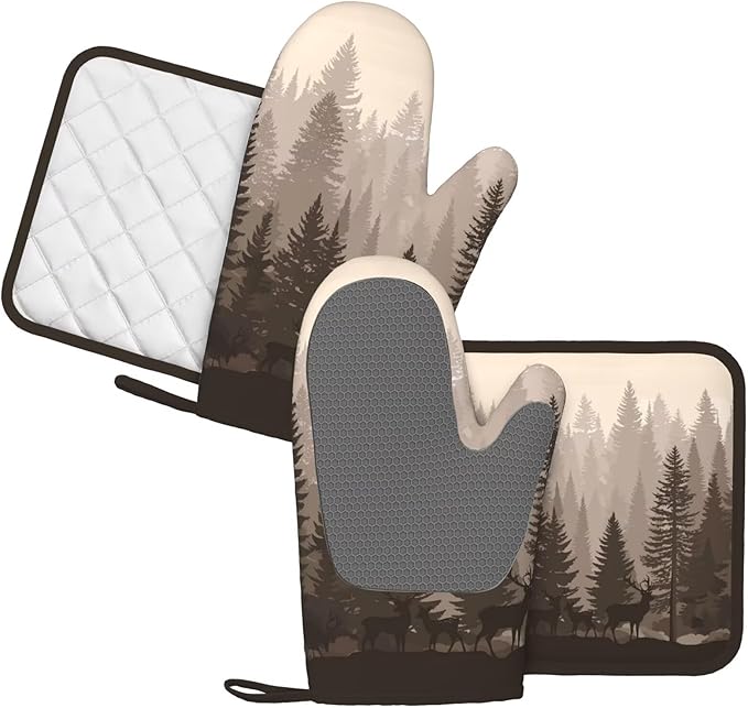 Deer Forest Pine Tree Oven Mitts and Pot Holders 4 pcs Set Silicone Deer Forest Pine Tree Kitchen Oven Mitt Gloves Pot Holders Non-Slip Heat Resistant Cooking Mitts Set for Baking BBQ
