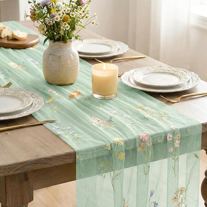Artoid Mode Wildflower Floral Sage Green Gauze Embroidery Table Runner 120 Inch 10FT, Tulle Seasonal Spring Kitchen Dining Table Decor for Home Party
