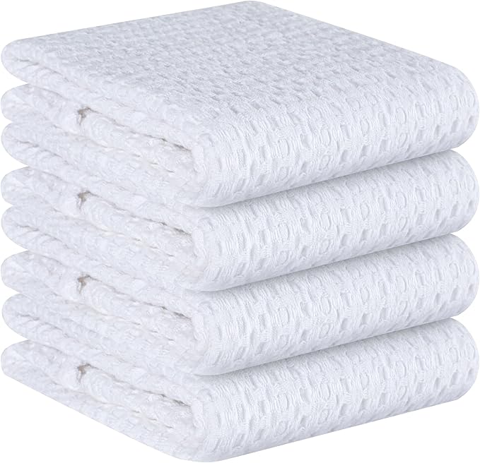 Native Fab 4-Pack Premium Waffle Kitchen Towels with Hanging Loop 16x26 inches, Soft Absorbent, Cotton Dish Towels for Cleaning Drying Dishes, White
