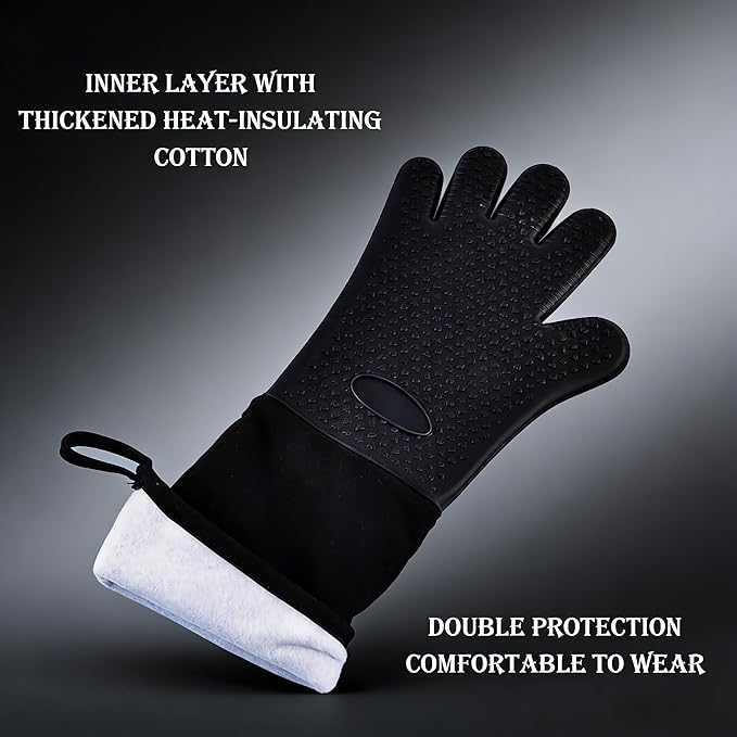 Extra Long Silicone Oven Mitts (20 Inch), Upgraded Heat Resistant 600°F Baking Gloves with Quilted Liner, Forearm Protection Oven Gloves for Pot Holders, Baking, BBQ (Black, 1 Pair)