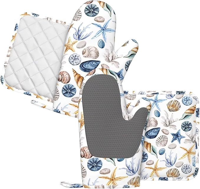 Blue Seashell Starfish Oven Mitts and Pot Holders 4 pcs Set Silicone Watercolor Shells Kitchen Oven Mitt Gloves Pot Holders Non-Slip Heat Resistant Cooking Mitts Set for Kitchen Baking