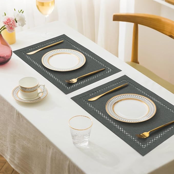 Linen Cloth Placemats Set of 4, HADEEONG 12 x 18 Inch Hollow Edge Place Mats Washable Heat Resistant Placemats Cloth Table Mats for Dining Table Home Decor (Dark Grey, 4)