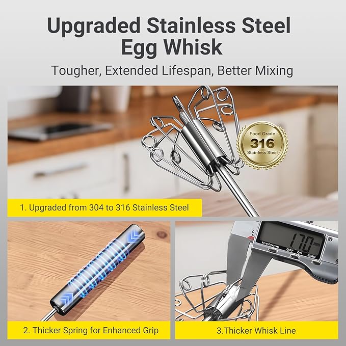 Egg Whisk, Upgraded Stainless Steel Semi Automatic Whisk,Hand Wisk Egg Beater Easy to Use for Making Cream, Blending, Whisking, Beating & Stirring (12 Inch)