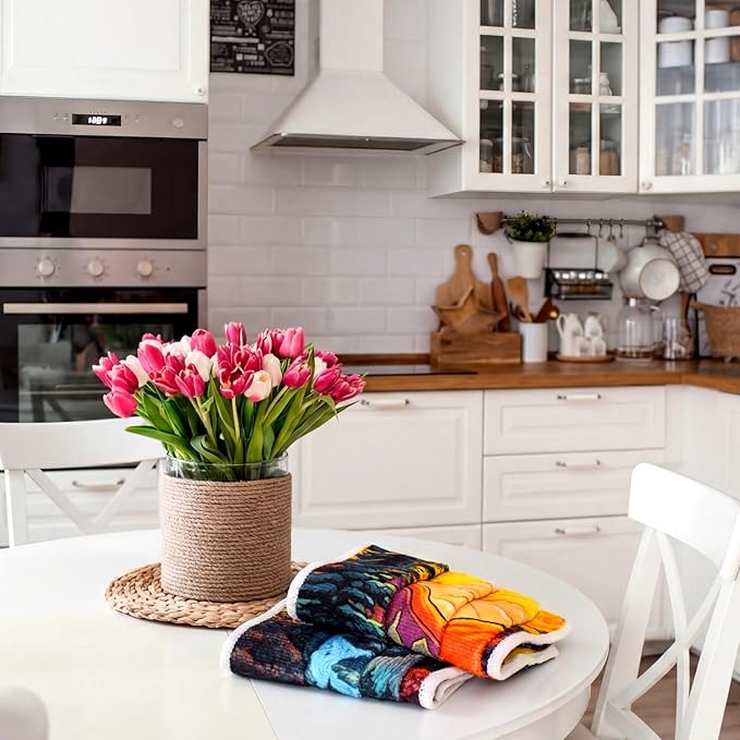 Tegeme 6 Pcs Hanging Kitchen Towels with Loop, Absorbent Hand Tie Towels Microfiber Decorative Fast Drying Kitchen Hanging Towel for Home Bathroom (Scenery)