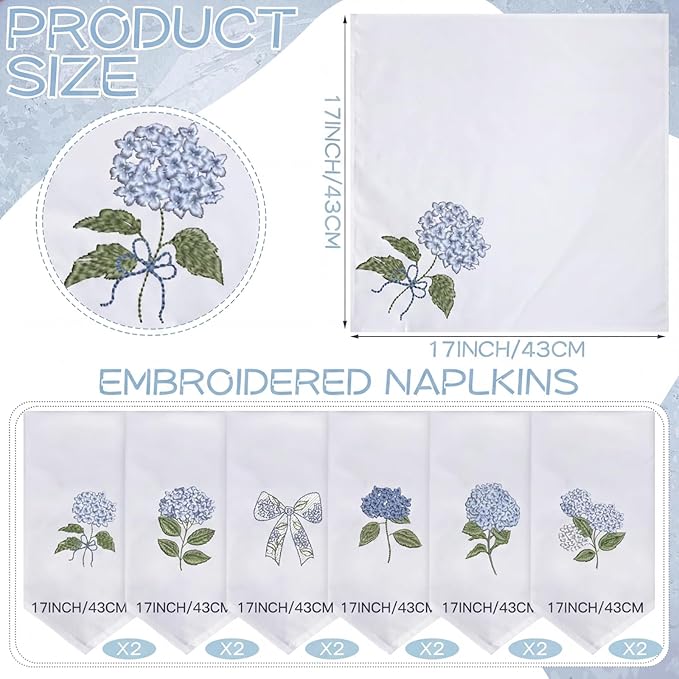 HunnmingRe 12 Pcs Blue Hydrangea Cloth Napkins Bulks 100% Cotton Spring Floral Dinner Tea Party Cocktail Napkins Embroidered Handtowel Country French Reusable Washable for Kitchen Weddings 17x17inch