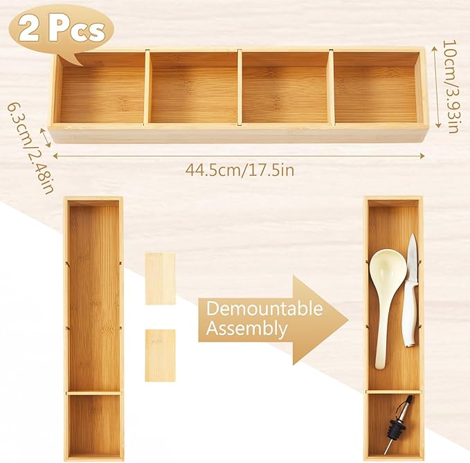 Hushee 2 Pcs Bamboo Drawer Organizer with 3 Removable Dividers 17.5 x 4 x 2.5 Inch Bamboo 4 Compartment Organizer Tray for Bathroom Kitchen Tableware Office Supplies Cosmetics Classification