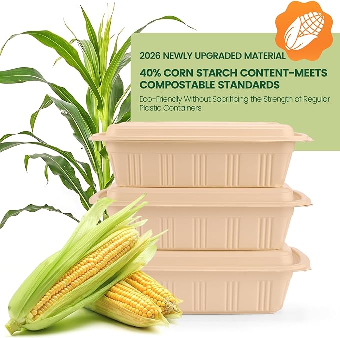 100 Piece (50 Pack) Meal Prep Containers with Lids, 16 oz Cornstarch Small Food Storage Containers Plant-based Lunch Box for Salad, BPA Free Plastic Disposable Take Out Boxes Microwave & Freezer Safe