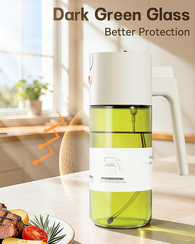 OURCABECUE Upgrade 2 in 1 Oil Sprayer for Cooking, 17oz Light-Blocking Glass Olive Oil Dispenser Bottle for Kitchen,Food-Grade Oil Mister with 8 Stickers for Salad, Frying (Green Bottle-White Gap)