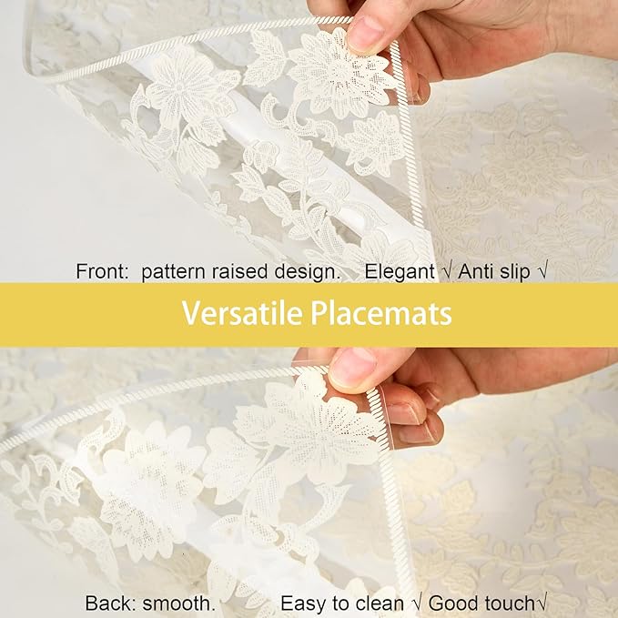 Clear Placemats Set of 6 Rectangle - PVC Place Mats with Beige Flower Carft Table Protector for Kitchen Dining Room, Wahsable Heat Resistant Non-Slip Reversible Table Mats