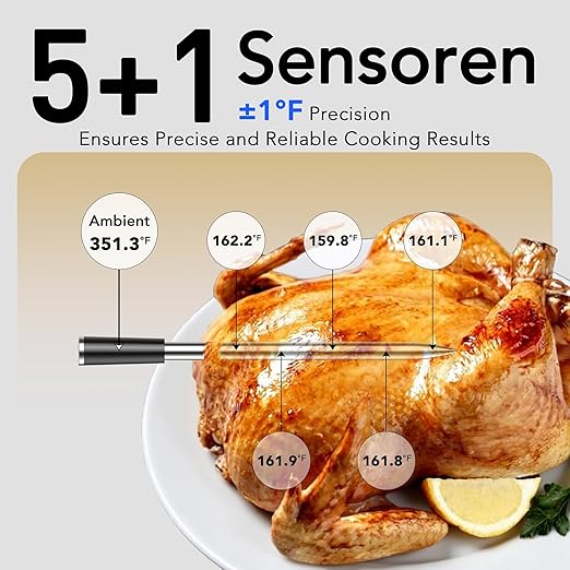 BFOUR Wireless Meat Thermometer Bluetooth with Digital Standalone Base, WiFi Unlimited Range, 6 Precision Sensor, IP67 Waterproof and Heat Resistant, Digital Meat Thermometer for Food Cooking