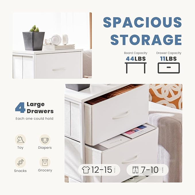 DUMOS Nightstand with 4 Drawers Bedside Table with Removable Fabric Bins Sturdy Steel Frame Wood Top Organizer Furniture for Bedroom Closet Living Room
