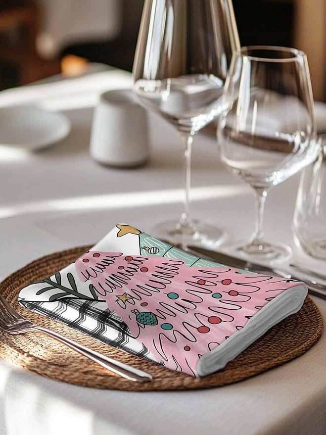 Christmas Cloth Napkins Set of 6, Pink Xmas Tree Washable Dinner Napkins Winter Snowflakes Rustic Plaid Table Reusable Napkin for Home Party Wedding Dining Table Setting Decoration, Oversized 20"x20"