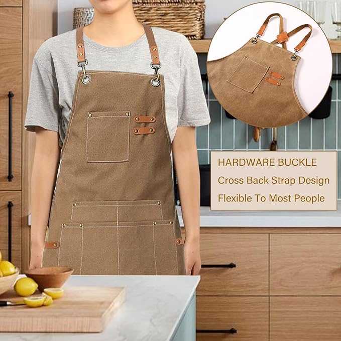 Canvas Work Apron,Cross Back Aprons for Men,Women,Cooking,Carpenter,Woodworking,Chef,BBQ,Grilling,Bartender