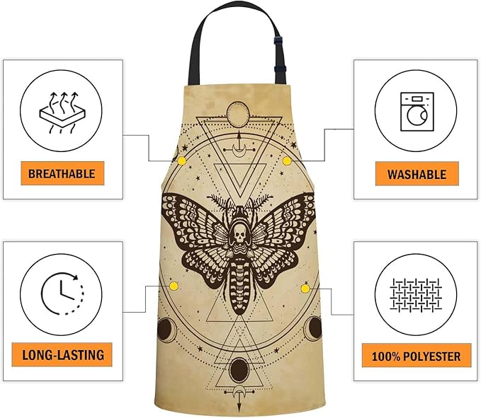 oFloral Mystical Butterfly Moth Dead Head Moon Wings Vintage Apron Adjustable Apron Cooking Kitchen Chef Women Men Aprons for Home Kitchen, Restaurant, Coffee House, Baking Gardening BBQ