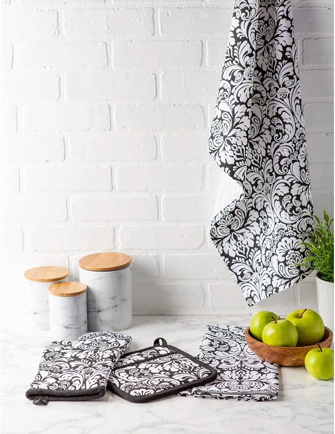 DII Quilted Kitchen Oven Mitt & Potholder Set, Hanging Loop for Convenient Storage, OM 6.5x12/PH 8x8.5, Black Damask Print, 2 Piece