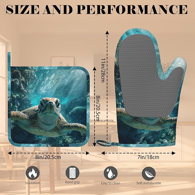 Sea Turtles Oven Mitt and Pot Holder with Silicone Heat Resistant Kitchen for Cooking BBQ Baking Grilling Cooking Protection
