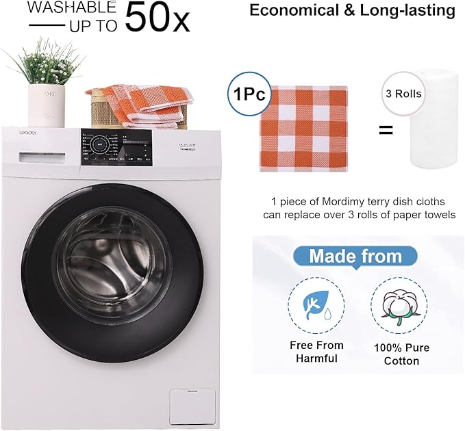 Mordimy 100% Cotton Waffle Weave Plaid Dish Cloths, 12 x 12 Inches, Super Soft and Absorbent Quick Drying Buffalo Check Dish Rags for Kitchen, 6-Pack, Orange & White