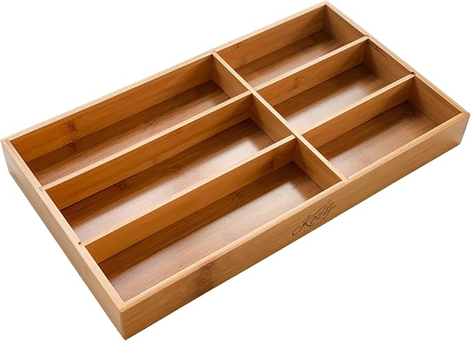Premium Bamboo Drawer Organizer – 6-Compartment Wood Finish Organizer for Kitchen, Office, or Clothing