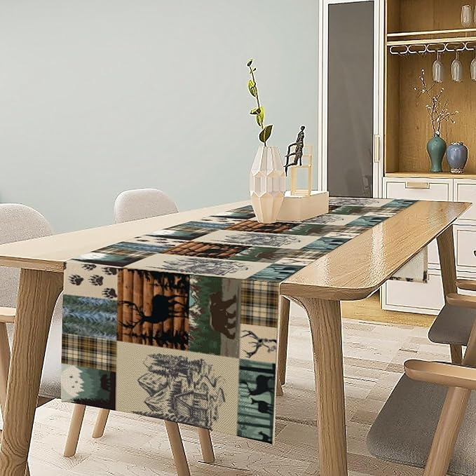Cabin Bear Deer Table Runner Vintage Rustic Farmhouse Animal Art Printed Dinner Runner for Home Kitchen Dining Table Decor Fabric 1 Panel W13xL70in