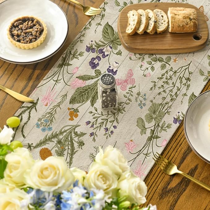 Artoid Mode Wood Wild Flowers Floral Spring Table Runner, Seasonal Summer Kitchen Dining Table Decoration for Home Party Decor 13x36 Inch