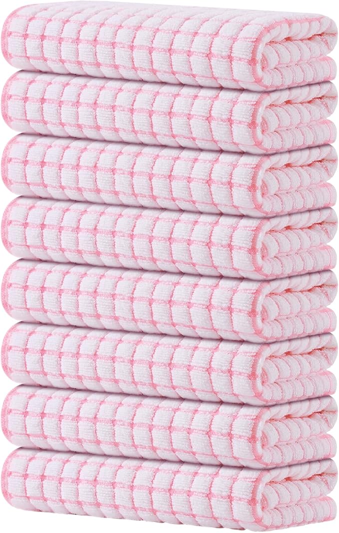 Kitinjoy Cotton 8 Pack Terry Kitchen Towels, 16 x 25 Inches Super Soft and Absorbent Dish Towels, Quick Drying Hand Towels for Kitchen Drying, Pink