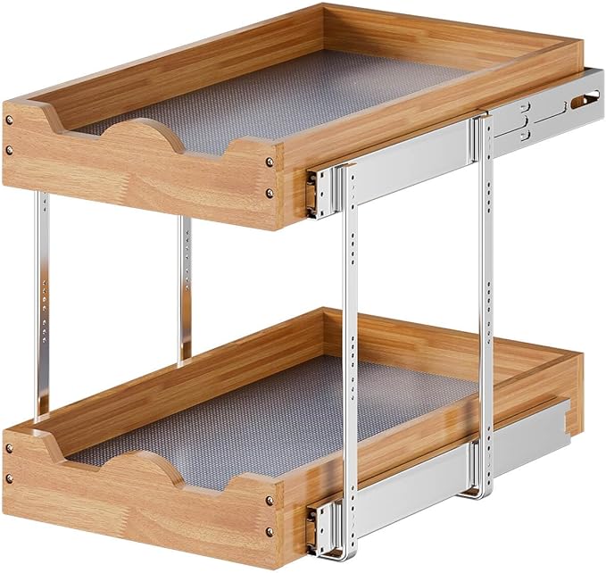 OCG 2 Tier Pull Out Drawers For Cabinets, Double Tier Slide out Wood Cabinet Organizer, Pull Out Shelves for Base Cabinet Organization in Kitchen, Pantry, Bathroom