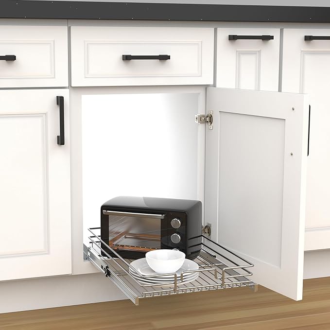 Pull Out Cabinet Organizer, Heavy-Duty Metal Sliding Drawer Shelf for Kitchen Cabinets, Chrome, Doesn't Include Door Fittings (23 * 21 IN)
