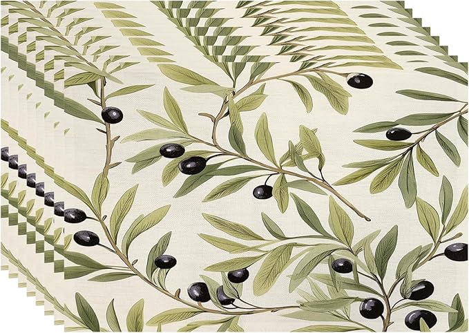 Batmerry Olive Branches Placemats, Leafy Olive Pattern Washable Linen Table Mats for Kitchen Table Double Insulation Decor Dining Set Indoor Outdoor 12X18 in Set of 8
