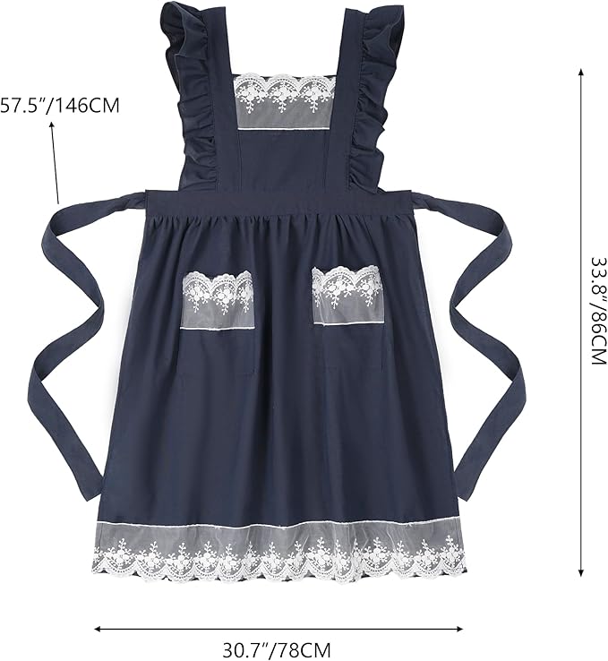 Aoomzoon Vintage Aprons for Women with Pockets Cute Lace Ruffle Adjustable Apron for Cooking Kitchen Baking Gardening