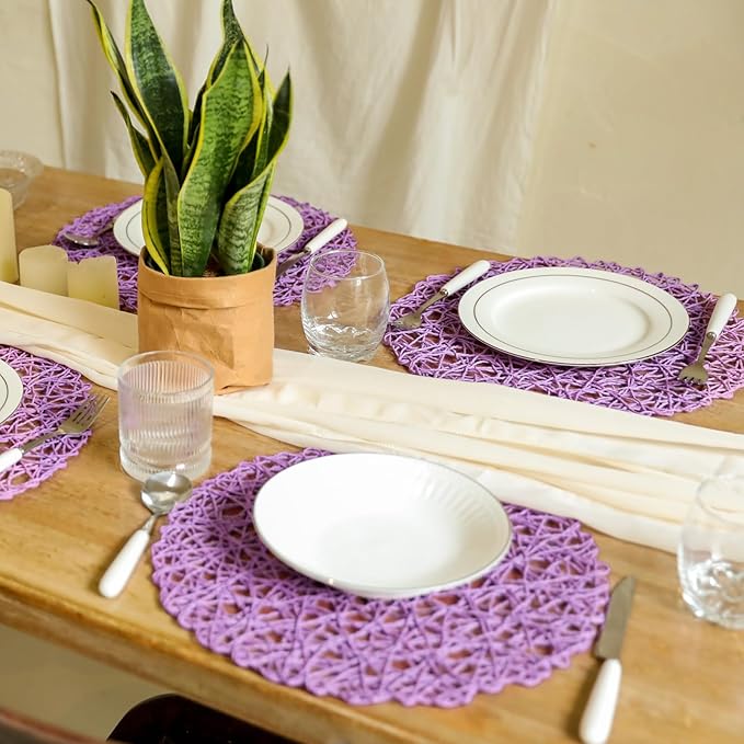 AHHFSMEI Paper Braided Round Placemats Set of 8 Natural Non-Slip Heat Resistant Table Mats for Dining Tables Woven Indoor Outdoor Place mats(Purple,8)