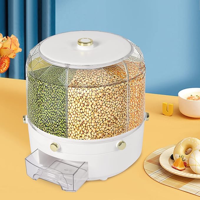 6 Grids Grain Dispenser Can, 360°Rotating Cereal Rice & Grain Storage Container Rotatable Sealed Grain Food Storage Bucket Dry Food Grain Dispenser for Grains Rice Dry Food Beans (13.2Lbs White)