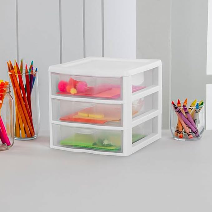 Sterilite 18-Pack ClearView 3-Drawer Cart, Small Plastic Storage Organizer Drawers, White - Organizing Drawer Containers for Bathroom, Closet, Kitchen, and Bedroom