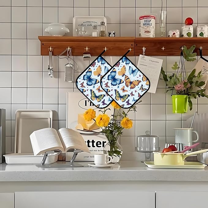 Colorful Cartoon Butterfly Pot Holders 2 PCS,Kitchen Heat Resistant Hot Pads for Cooking Grilling Baking BBQ, Pot Holders for Women Cook Home Microwave