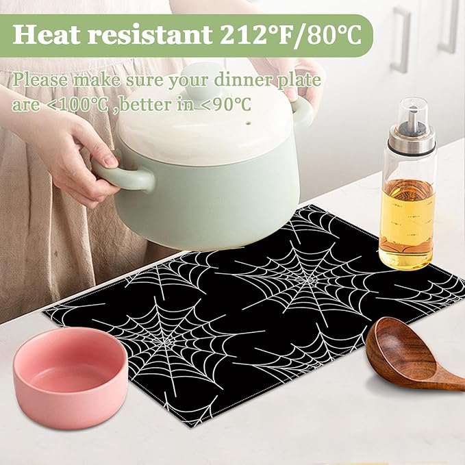 Spider Web Placemats Set of 6, Washable Heat Resistant Table Mat Linen Place Mats for Party Kitchen Dining Home Decor 12x18 Inch