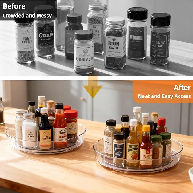 8 Pack Lazy Susan 10 inch Turntable for Spice Organization | Clear BPA-Free Plastic Rotating Organizer for Kitchen Cabinet, Pantry, Countertop, Fridge | 360-Degree Rotating Base