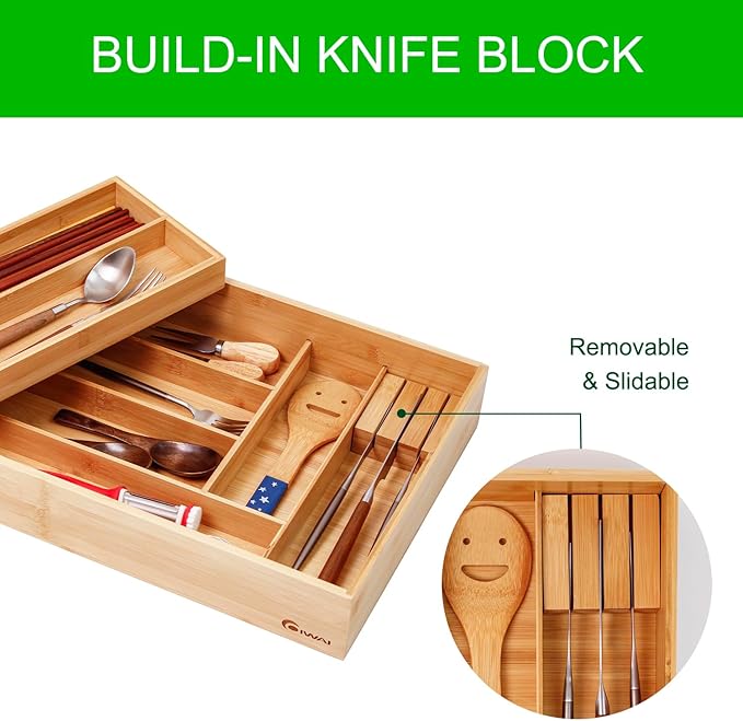 COIWAI Double Layer Bamboo Kitchen Drawer Organizer Cutlery Utensil Silverware Drawer Organizer, Silverware Tray for Drawer Removable Utensil Holder Flatware Organizer Multi-use Storage Box (L)