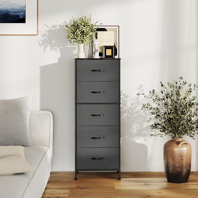 Sweetcrispy 5 Drawer Dresser with Fabric Bins, Sturdy Steel Frame and Wood Top, Storage Organizer Chest for Bedroom, Closet, Hallway, Gray