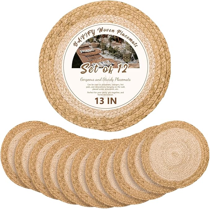 13 in Woven Placemats Plate Chargers Set of 12, Boho Farmhouse Rustic Round Place Mats for Dining Table Decor, Rattan Wicker Table Mats Chargers for Dinner Plates