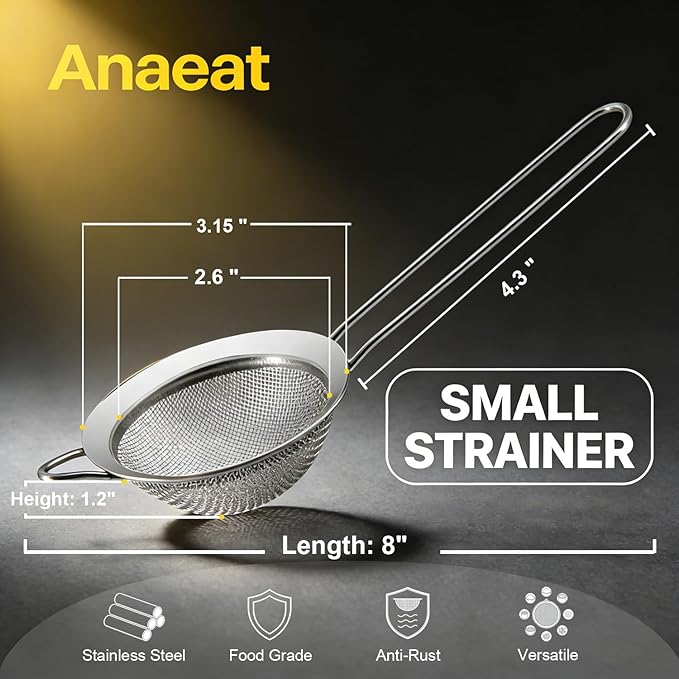 Anaeat Fine Mesh Strainers - Premium Stainless Steel Colander Sieve Sifters, with Durable Mesh and Sturdy Handle, Excellent for Sifting Dry ingredients, Flour, Pastas, Rice, Tea (3.15"）